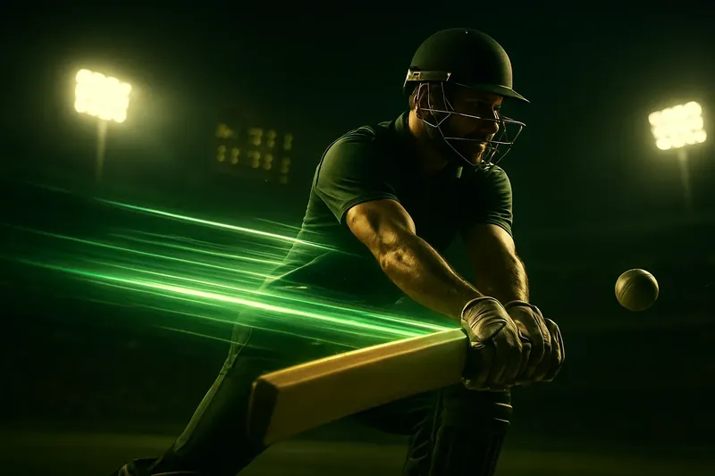 Cricket athlete sprinting with neon speed trail under stadium floodlights