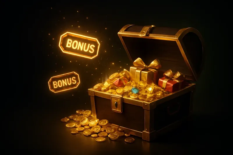Golden treasure chest bursting with coins, gems, gifts, and glowing bonus tags