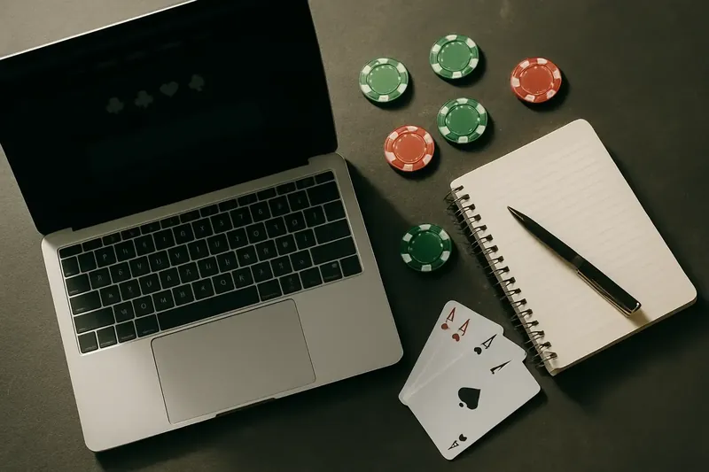 Flat lay of laptop, notepad, chips and cards on dark slate