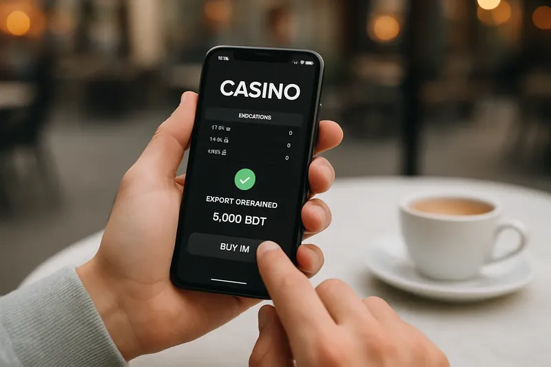 Man typing on smartphone with dark casino app and BDT deposit confirmation
