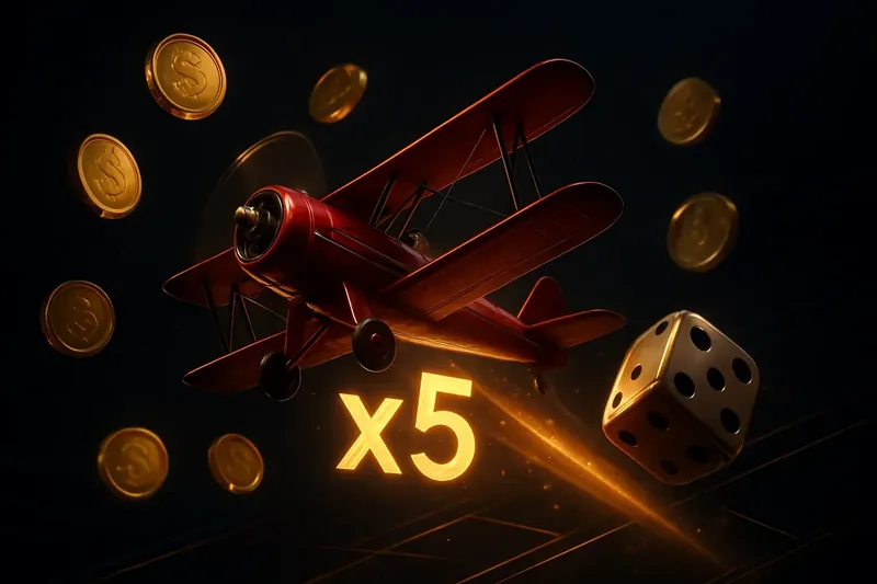 Red airplane soaring with glowing multiplier trail, coins and dice floating