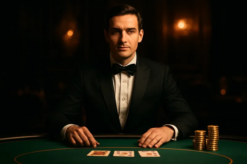 Professional dealer behind green felt table with golden chips under spotlight