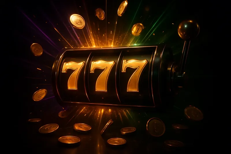 Slot machine jackpot with golden 777, coins, and neon light beams